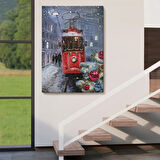 Kırmızı Tramvay ve Kar Dekoratif Kanvas Tablo, Duvar Dekoru 6003