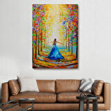 Renkli Ormanda Gezen Mavi Elbiseli Kadın Dekoratif Kanvas Tablo, Duvar Dekoru 6039