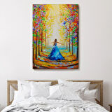 Renkli Ormanda Gezen Mavi Elbiseli Kadın Dekoratif Kanvas Tablo, Duvar Dekoru 6039