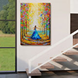 Renkli Ormanda Gezen Mavi Elbiseli Kadın Dekoratif Kanvas Tablo, Duvar Dekoru 6039