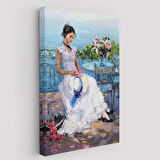 Terastaki Güzel Kadın Beyaz Elbisesi ile Dekoratif Kanvas Tablo, Duvar Dekoru 6273