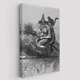 Süpürgeli Yaşlı Cadı ve Kedisi, Cadılar Bayramı Dekoratif Kanvas Tablo, Duvar Dekoru 6304