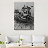 Süpürgeli Yaşlı Cadı ve Kedisi, Cadılar Bayramı Dekoratif Kanvas Tablo, Duvar Dekoru 6304