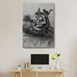 Süpürgeli Yaşlı Cadı ve Kedisi, Cadılar Bayramı Dekoratif Kanvas Tablo, Duvar Dekoru 6304