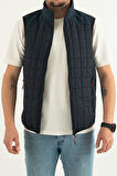 Erkek Lacivert Slim Fit Dar Kesim Içi Polar Outdoor Kapitone Yelek