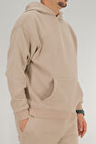 Erkek Bej Oversize Kapüşonlu Sweatshirt 3 iplik Şardonlu Kanguru Cepli