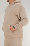 Erkek Bej Oversize Kapüşonlu Sweatshirt 3 iplik Şardonlu Kanguru Cepli