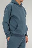 Erkek Petrol Mavisi Oversize Kapüşonlu Sweatshirt 3 iplik Şardonlu Kanguru Cepli