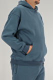 Erkek Petrol Mavisi Oversize Kapüşonlu Sweatshirt 3 iplik Şardonlu Kanguru Cepli