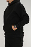 Erkek Siyah Oversize Kapüşonlu Sweatshirt 3 iplik Şardonlu Kanguru Cepli
