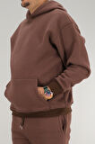 Erkek Kahverengi Oversize Kapüşonlu Sweatshirt 3 iplik Şardonlu Kanguru Cepli