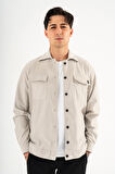Erkek Taş Rengi Rahat Kesim Gömlek Ceket Kapaklı Çift Cepli Çıtçıtlı