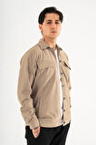 Erkek Camel Rahat Kesim Gömlek Ceket Kapaklı Çift Cepli Çıtçıtlı