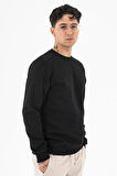 Erkek Siyah Sweatshirt Bisiklet Yaka Rahat Kalıp 3 iplik Şardonlu