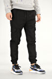 Erkek Siyah Kargo Pantolon Rahat Kesim Pamuklu Lastikli Paça