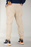 Erkek Bej Jogger Pantolon Rahat Kesim Pamuklu Lastikli Paça İpli