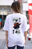 SUPPLİERBY Unisex Bisiklet Yaka Baskılı Oversize T-Shirt - Beyaz