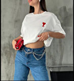 SUPPLİERBY Unisex Bisiklet Yaka Baskılı Oversize T-Shirt - Beyaz