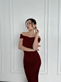 SUPPLİERBY Striptiz Omuzlu Uzun Elbise- Bordo