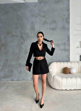 SUPPLİERBY JAKARLI CROP CEKET-KISA ETEK KAPALI PİLE METAL KEMER DETAYLI - Siyah