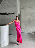 SUPPLİERBY JAKARLI ASKILI SATEN ELBİSE ASİMETRİK - Pembe