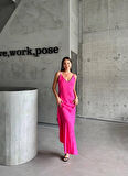 SUPPLİERBY JAKARLI ASKILI SATEN ELBİSE ASİMETRİK - Pembe