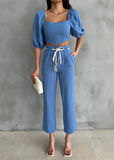 SUPPLİERBY KETEN CROP KARPUZ KOL BLUZ-PANTOLON HASIR KEMERLİ - Mavi