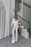 SUPPLİERBY JAKARLI BLUZU TASARIM DETAYLI CEKET-PANTOLON-BLUZ 3 LÜ TAKIM - Beyaz