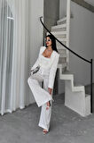 SUPPLİERBY JAKARLI BLUZU TASARIM DETAYLI CEKET-PANTOLON-BLUZ 3 LÜ TAKIM - Beyaz
