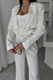 SUPPLİERBY JAKARLI BLUZU TASARIM DETAYLI CEKET-PANTOLON-BLUZ 3 LÜ TAKIM - Beyaz