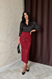 SUPPLİERBY Bordo Pulpayetli Parlak Etek