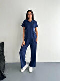 SUPPLİERBY Osy Modal Yumuşak Dokulu Kumaş Kısa Kollu Yakalı T-shirt Pantalon Ikili Takım- Lacivert