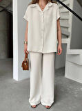 SUPPLİERBY Keten Kısa Kollu Cepli Gömlek Pantolon Ikili Takım - Beyaz