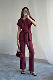 SUPPLİERBY ÇİZGİLİ POLYVİSKON BLUZ - PANTOLON TAKIM - Bordo