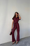 SUPPLİERBY ÇİZGİLİ POLYVİSKON BLUZ - PANTOLON TAKIM - Bordo