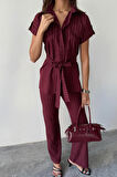 SUPPLİERBY ÇİZGİLİ POLYVİSKON BLUZ - PANTOLON TAKIM - Bordo
