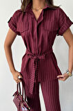 SUPPLİERBY ÇİZGİLİ POLYVİSKON BLUZ - PANTOLON TAKIM - Bordo