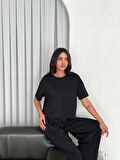 SUPPLİERBY Osy Modal Yumuşak Dokulu Kumaş Bisiklet Yaka T-shirt Bol Paça Pantalon Ikili Takım -Siyah