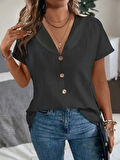 SUPPLİERBY Kadın Kısa Kollu Derin V Yakalı Düğmeli Ithal Keten Bluz