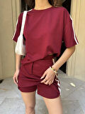 SUPPLİERBY Osy Modal Yumuşak Dokulu Kumaş Parçalı Bisiklet Yaka T-shirt Mini Şortlu Etek İkili Takım -Bordo