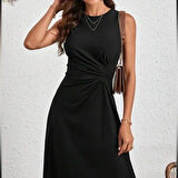 SUPPLİERBY Kadın Sıfır Kollu Bisiklet Yaka Büzgülü Asimetrik Kesim Detaylı Janjan Krep Elbise