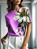 SUPPLİERBY Kadın Kısa Kollu Bisiklet Yaka çiçek Baskılı Süprem Bluz