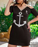 SUPPLİERBY Fermuar Detay çıpa Baskılı Zincir Askılı Viskon Elbise