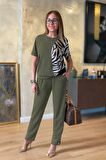 SUPPLİERBY Kadın Kısa Kollu Bisiklet Yaka Zebra Desen Bluz Ve Pantolon Ikili Takım