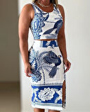 SUPPLİERBY Kadın Sıfır Kollu Yuvarlak Yaka çiçekli Desenli Süprem Crop Ve Yırtmaçlı Etek Ikili Takım