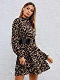 SUPPLİERBY Kadın Yarım Balıkçı Yaka Uzun Kollu Leopar Desen Mini Elbise