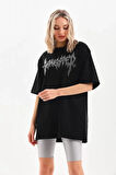 SUPPLİERBY Unisex Taş Desenli Oversize T-Shirt - Siyah