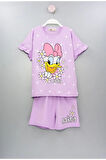 İSOB Lila Daisy Desenli Kolları Fırfırlı %100 Pamuk Kız Çocuk Kısa Kollu Şortlu Takım 3-12 Yaş 23302-L