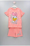 İSOB Nar Çiçeği Daisy Desenli Kolları Fırfırlı %100 Pamuk Kız Çocuk Kısa Kollu Şortlu Takım 3-12 Yaş 23302-N