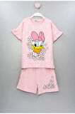 İSOB Pembe Daisy Desenli Kolları Fırfırlı %100 Pamuk Kız Çocuk Kısa Kollu Şortlu Takım 3-12 Yaş 23302-P